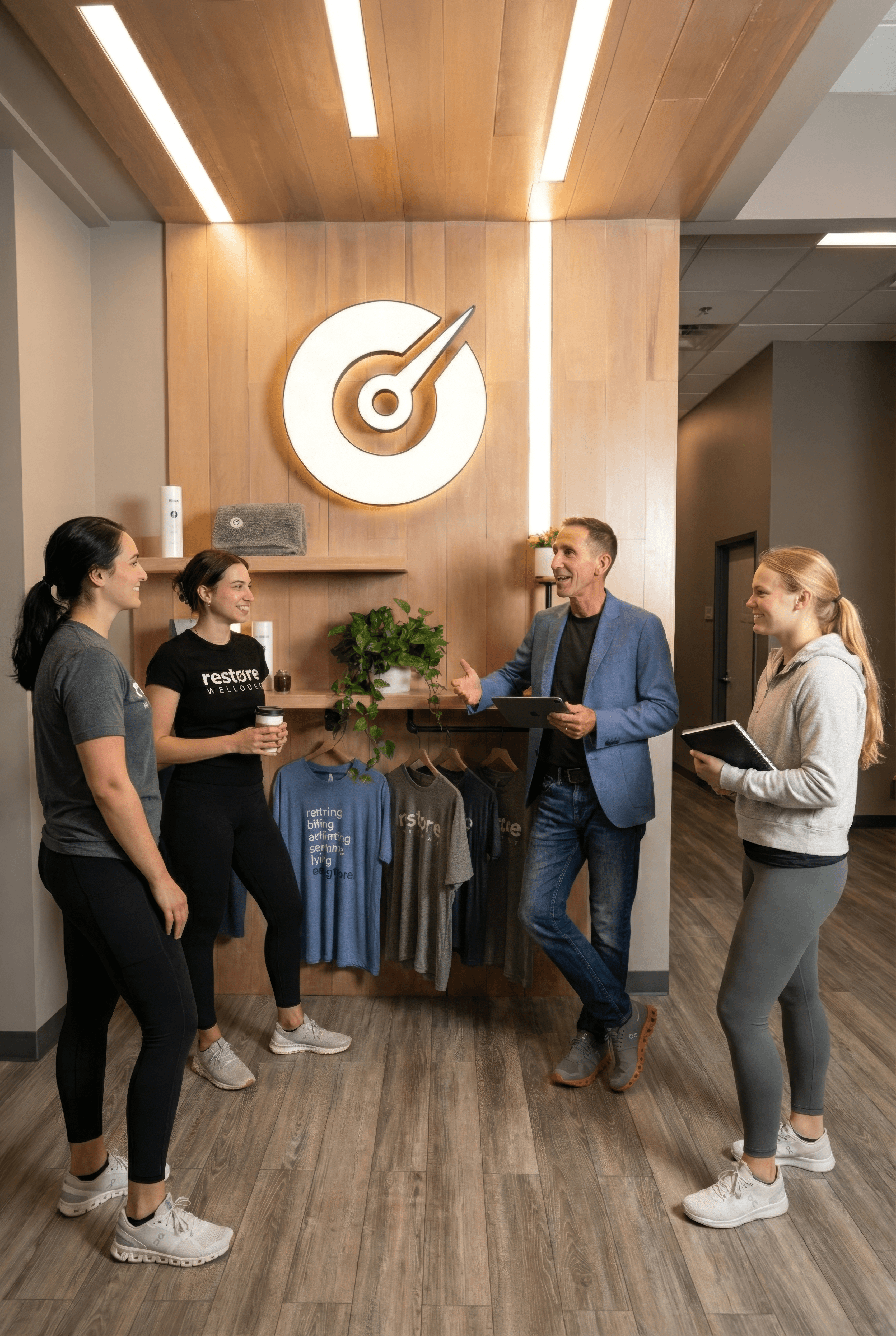 The Shark Skin team talking inside a Restore location